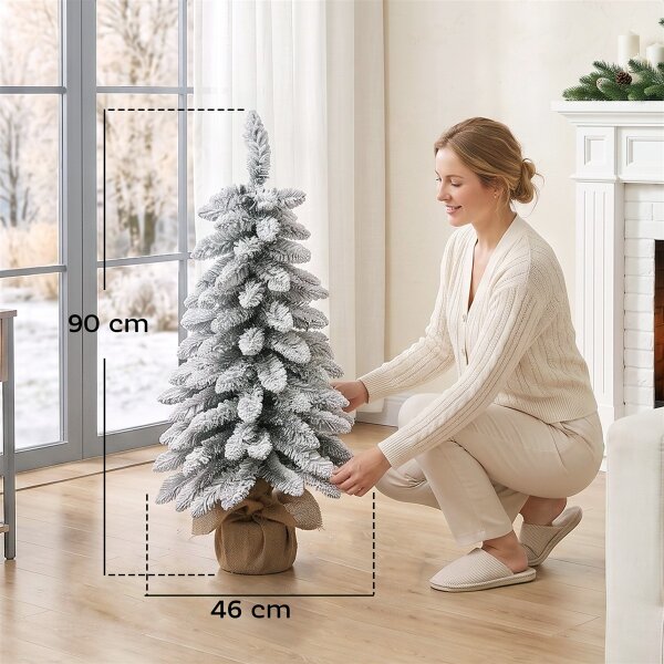 Künstlicher Weihnachtsbaum, 90 cm (3 ft), schlanker Pencil-Baum mit 107 Zweigspitzen, Jutebasis, Weiß