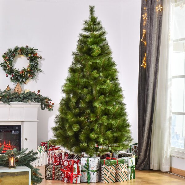 Künstlicher Weihnachtsbaum 210 cm Haken-Weihnachtsbaum mit 505 Spitzen mit silbernen Akzenten Christbaum Weihnachtsdeko inkl. Metallständer für drinnen