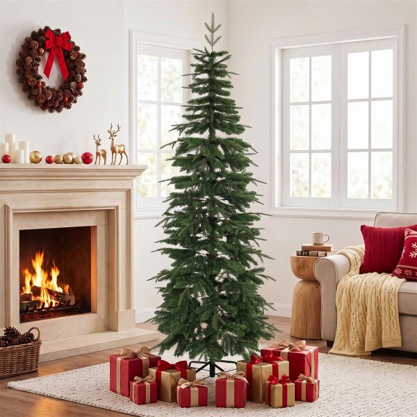Künstlicher Weihnachtsbaum 210 cm, Fichte mit Scharnierästen, 800 Astspitzen, klappbarer Stahlständer, Grün