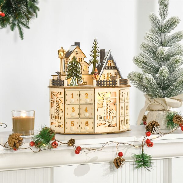 Adventskalender Adventskalenderbox Weihnachtsdekoration, LED-Lichter, 24 Schubladen, Natur