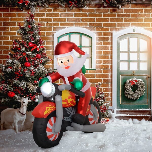 Weihnachtsmann auf Motorrad, Gartendeko, LEDs, aufblasbar, wetterfest, 180 x 95 x 170 cm
