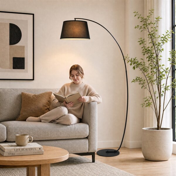 Stehlampe, Gebogene Stehleuchte mit Stoffschirm, Bodenlampe mit runder Basis, Metall, 105L x 47B x 190H cm, Schwarz