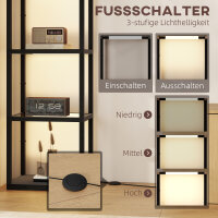 LED-Stehlampe mit 4-stufigem Regal, Leuchtregal mit 4 Glasfächern, Fußschalter, MDF, Schwarz
