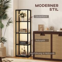 LED-Stehlampe mit 4-stufigem Regal, Leuchtregal mit 4 Glasfächern, Fußschalter, MDF, Schwarz