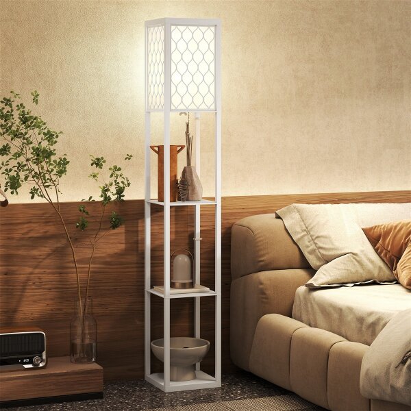 Stehlampe mit Regal, 3 Fächer, kompakte Maße, MDF, Weiß