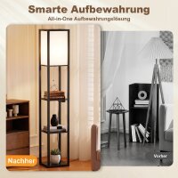 LED Stehlampe mit Ablagen, dimmbar, Kettenschalter & Steckdosen, schwarz