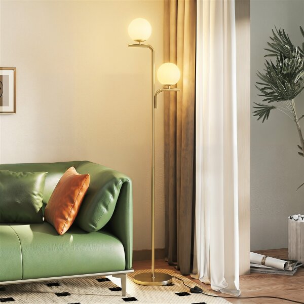 LED-Stehlampe, moderne Lampe mit 3 Farbtemperaturen, Glaskugelschirme und Fußschalter, Gold