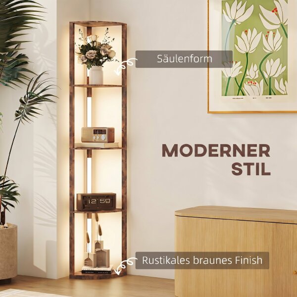 LED Stehlampe mit Regalen, 5-stufig dimmbare, moderne Stehleuchte mit 3 Helligkeitsstufen und Fußschalter, Rustikal Braun