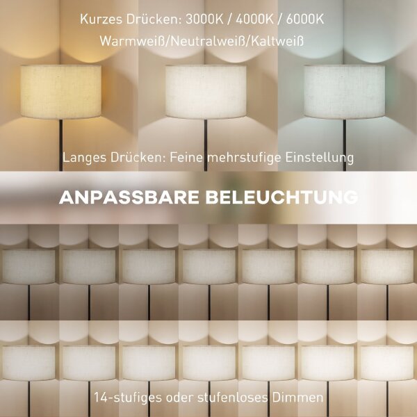 Stehlampe mit Fernbedienung, höhenverstellbar, Stoffschirm, Metallständer, anpassbare Helligkeit, Fußschalter, Schwarz