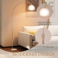 Stehlampe, gebogener Kopf, Fußschalter, Marmorsockel, Kunststoffschirm, Weiß