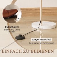 Stehlampe, gebogener Kopf, Fußschalter, Marmorsockel, Kunststoffschirm, Weiß