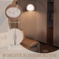 Stehlampe, gebogener Kopf, Fußschalter, Marmorsockel, Kunststoffschirm, Weiß