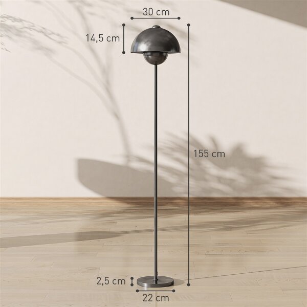 Stehlampe, runder Schirm, Fußschalter, langes Kabel, eleganter Look, Metall, Grau