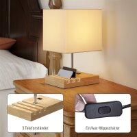 Nachttischlampe, USB-Anschlüsse, Holz, Stoff,...