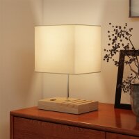 Nachttischlampe, USB-Anschlüsse, Holz, Stoff, Wippschalter, Ablagefächer, Weiß