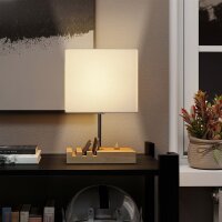 Nachttischlampe, USB-Anschlüsse, Holz, Stoff, Wippschalter, Ablagefächer, Weiß