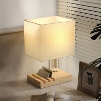 Nachttischlampe, USB-Anschlüsse, Holz, Stoff, Wippschalter, Ablagefächer, Weiß