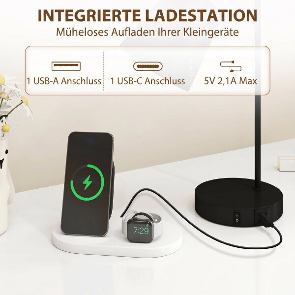 Tischlampen-Set, 2 Stück, Moderne Lampen mit USB-A- und USB-C-Anschluss für Schlafzimmer, Wohnzimmer & Büro, Schwarz