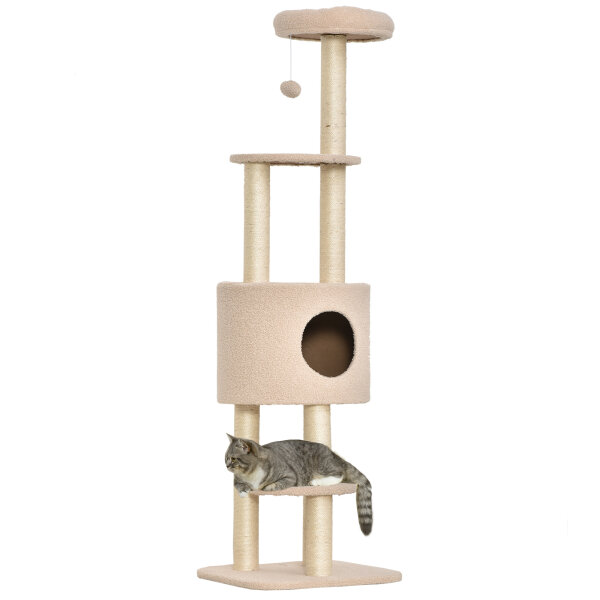 Kratzbaum 148 cm hoch Katzenbaum mit Höhle, 4 Spielzeuge, Sisalstämme, große Plattform, mehrstöckig für Katzen bis 5 kg
