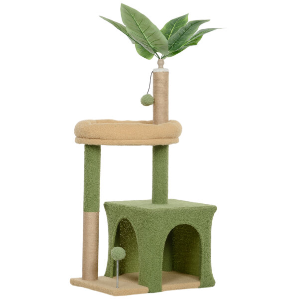 Kratzbaum 98 cm hoch Katzenbaum mit Höhle, Katzenbett Blätter-Design, Jutestämme, 2 Spielbälle für Katzen unter 5 kg