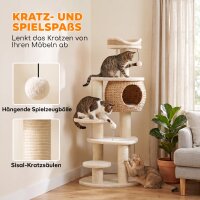 Kratzbaum Groß 132 cm hoch Katzenbaum mit Rohrkolben-Höhle Kratzstämmen Bett 3 Spielbällen Kippschutz 1-2 Katzen bis 6kg