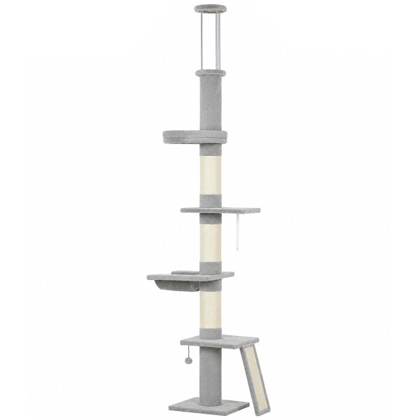 Kratzbaum Deckenhoch 230–260 cm höhenverstellbar Katzenbaum mit 5 Etagen 3 dicke Sisal-Kratzstämmen, Sisal-Kratzbrett