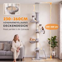 Kratzbaum Deckenhoch 230–260 cm höhenverstellbar Katzenbaum mit 5 Etagen 3 dicke Sisal-Kratzstämmen, Sisal-Kratzbrett
