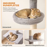 Kratzbaum Deckenhoch 230–260 cm höhenverstellbar Katzenbaum mit 5 Etagen 3 dicke Sisal-Kratzstämmen, Sisal-Kratzbrett