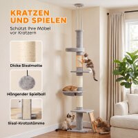 Kratzbaum Deckenhoch 230–260 cm höhenverstellbar Katzenbaum mit 5 Etagen 3 dicke Sisal-Kratzstämmen, Sisal-Kratzbrett