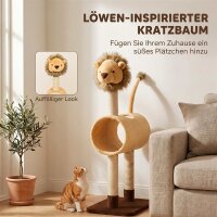Kratzbaum 104 cm Katzenbaum mit Löwen-Design Kratzpfosten, Tunnel, hängendem Schwanz bis 7 kg, Hellbraun