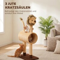 Kratzbaum 104 cm Katzenbaum mit Löwen-Design Kratzpfosten, Tunnel, hängendem Schwanz bis 7 kg, Hellbraun