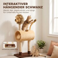 Kratzbaum 104 cm Katzenbaum mit Löwen-Design Kratzpfosten, Tunnel, hängendem Schwanz bis 7 kg, Hellbraun