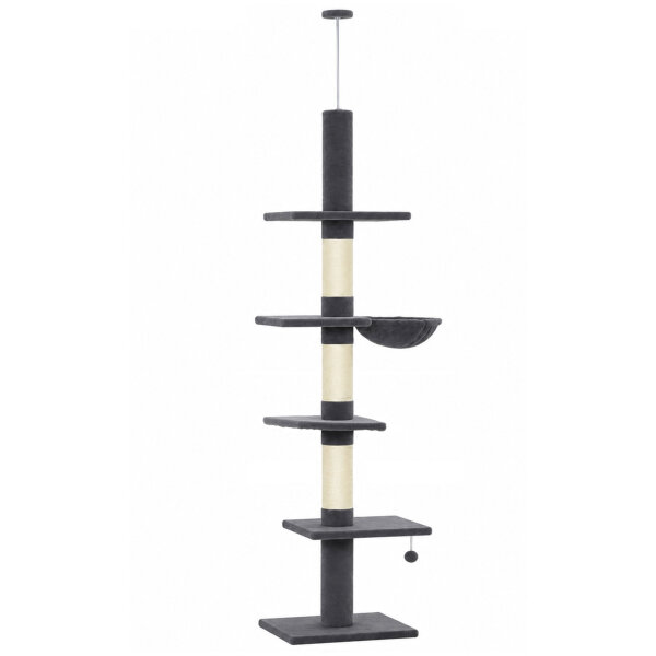 ratzbaum Deckenhoch 225-255 cm höhenverstellbar Katzenbaum mit 5 Etagen 3 Sisal-Kratzstämmen, Hängematte, Plattformen