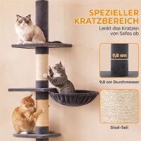 ratzbaum Deckenhoch 225-255 cm höhenverstellbar Katzenbaum mit 5 Etagen 3 Sisal-Kratzstämmen, Hängematte, Plattformen