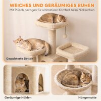 Kratzbaum Groß 184 cm hoch Katzenbaum mit 3 Kratzstämmen Liegeflächen Spielball Hängematte Leiter, Katzen unter 6 kg
