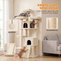 Kratzbaum Groß 184 cm hoch Katzenbaum mit 3 Kratzstämmen Liegeflächen Spielball Hängematte Leiter, Katzen unter 6 kg