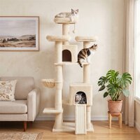 Kratzbaum Groß 184 cm hoch Katzenbaum mit 3 Kratzstämmen Liegeflächen Spielball Hängematte Leiter, Katzen unter 6 kg